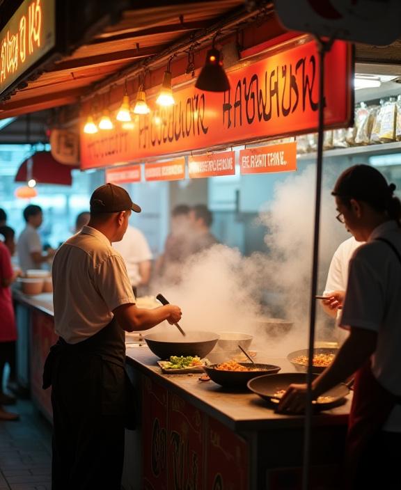 The bustling Harbor Hawker stall with chefs preparing food at Maxwell Food Centre, steam rising from woks.