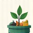 Illustration of a stylized leaf growing from recycled materials, representing waste reduction efforts.