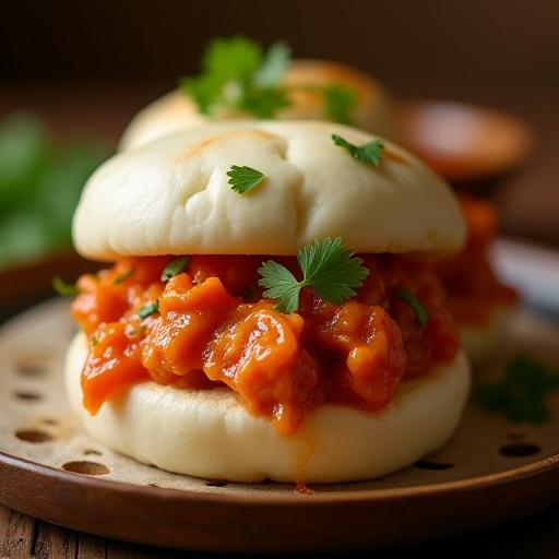 Two fluffy steamed buns filled with savory chilli crab meat, garnished with fresh cilantro.