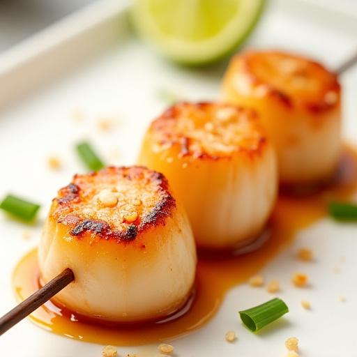 Three perfectly grilled scallops on a skewer, glazed with glistening miso sauce and a sprinkle of sesame seeds.